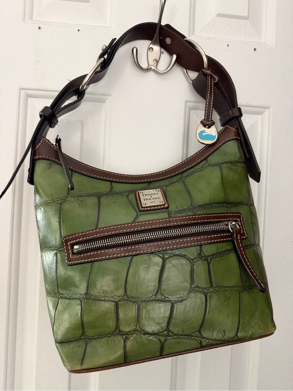 Dooney & Bourke Green Croc-Embossed Shoulder Bag with Brown Trim